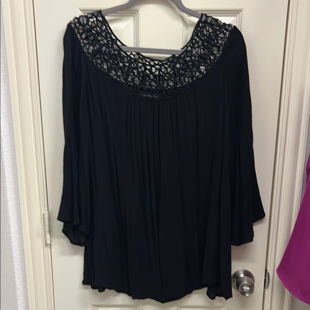 Lane Bryant Black Blouse with Lace Neckline